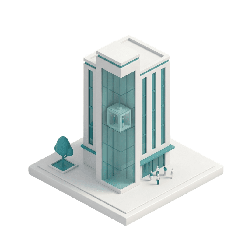 Miniature building with a glass elevator shaft and moving cab
